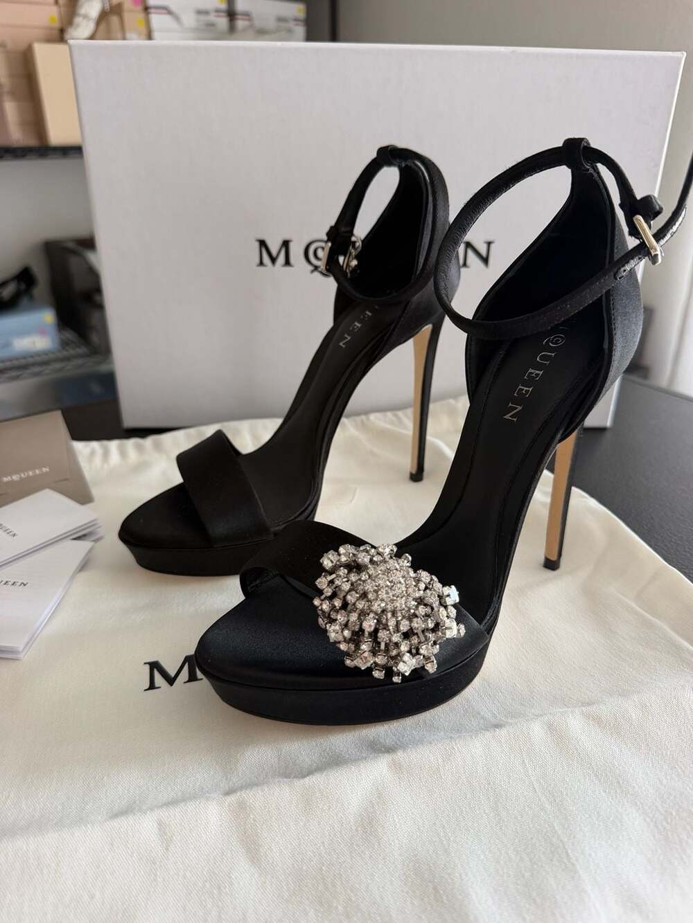 Alexander McQueen Jewel Crystal Platform Sandals Black Satin Retail $1,350